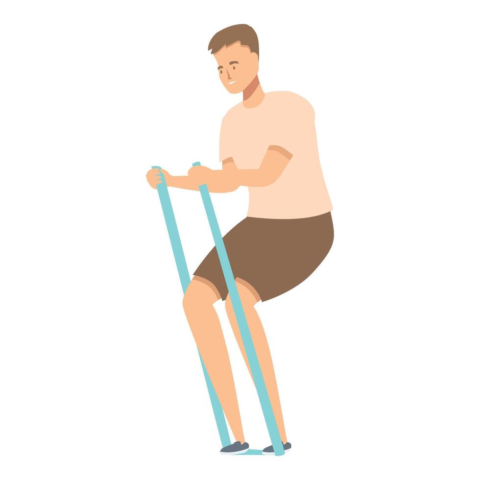 Young man is working out at home, using a resistance band to strengthen his legs vector