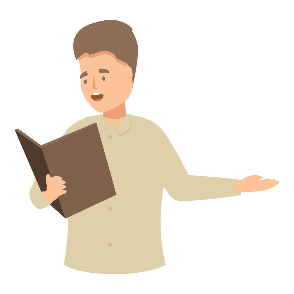 Young man reading book aloud and pointing with hand vector