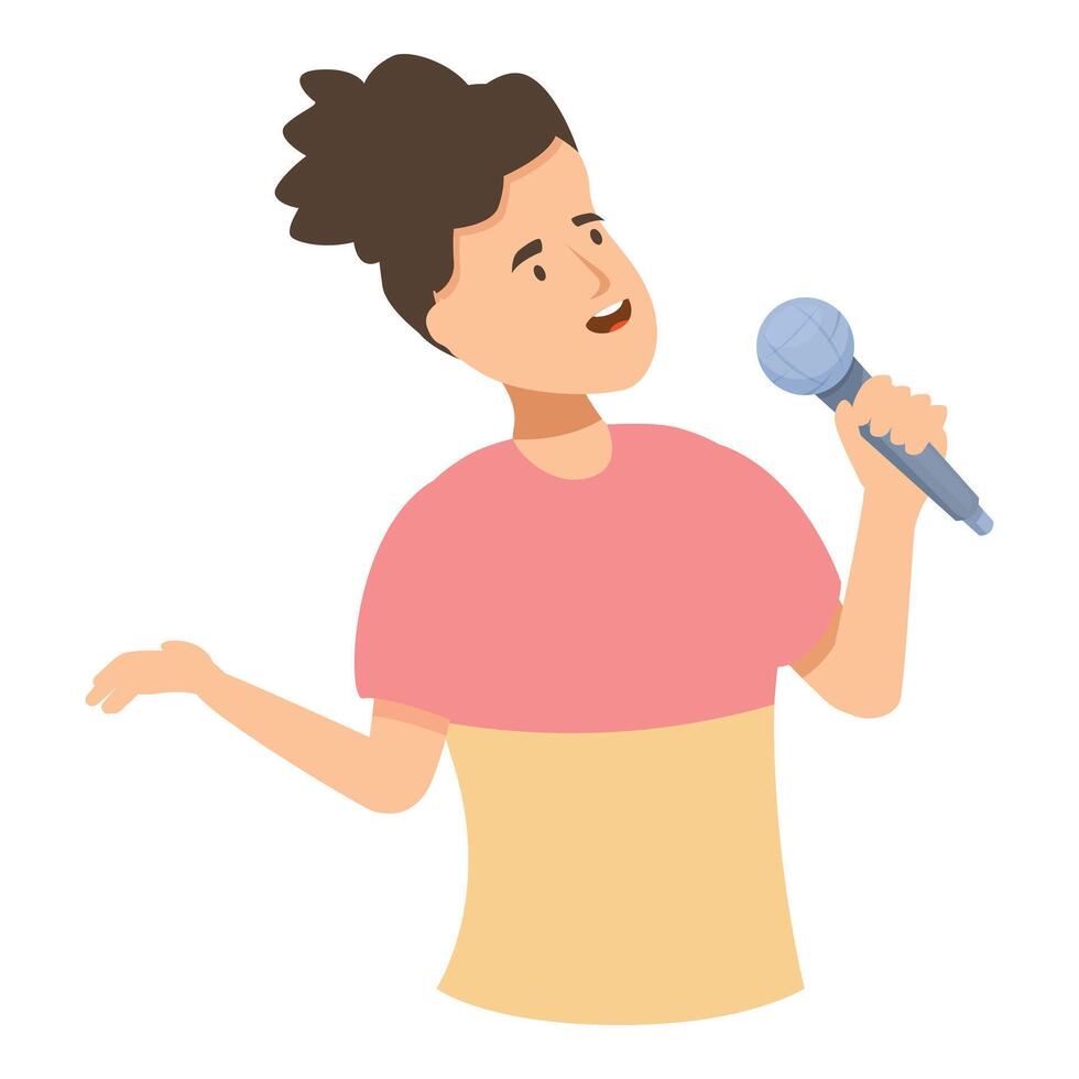 Young woman singing with microphone in karaoke bar vector
