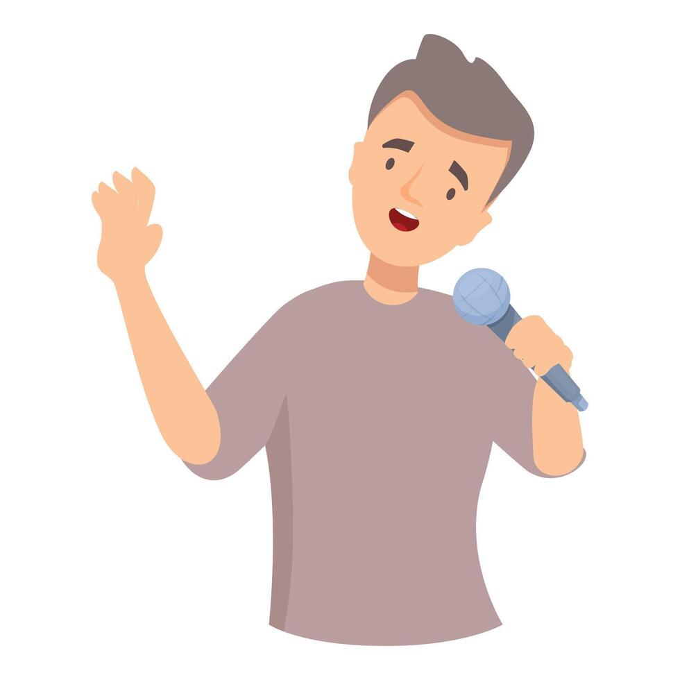 Young man singing with microphone raising hand vector