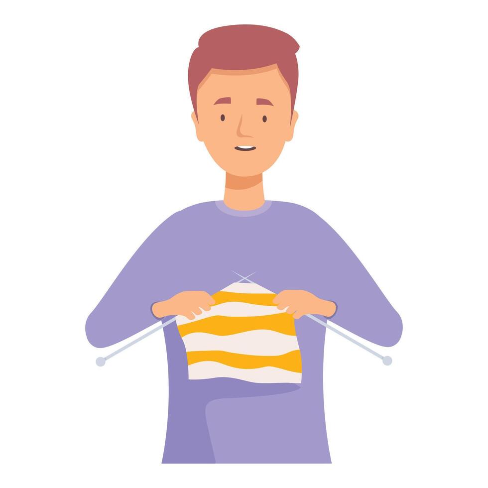 Young man knitting a striped wool sweater with knitting needles vector