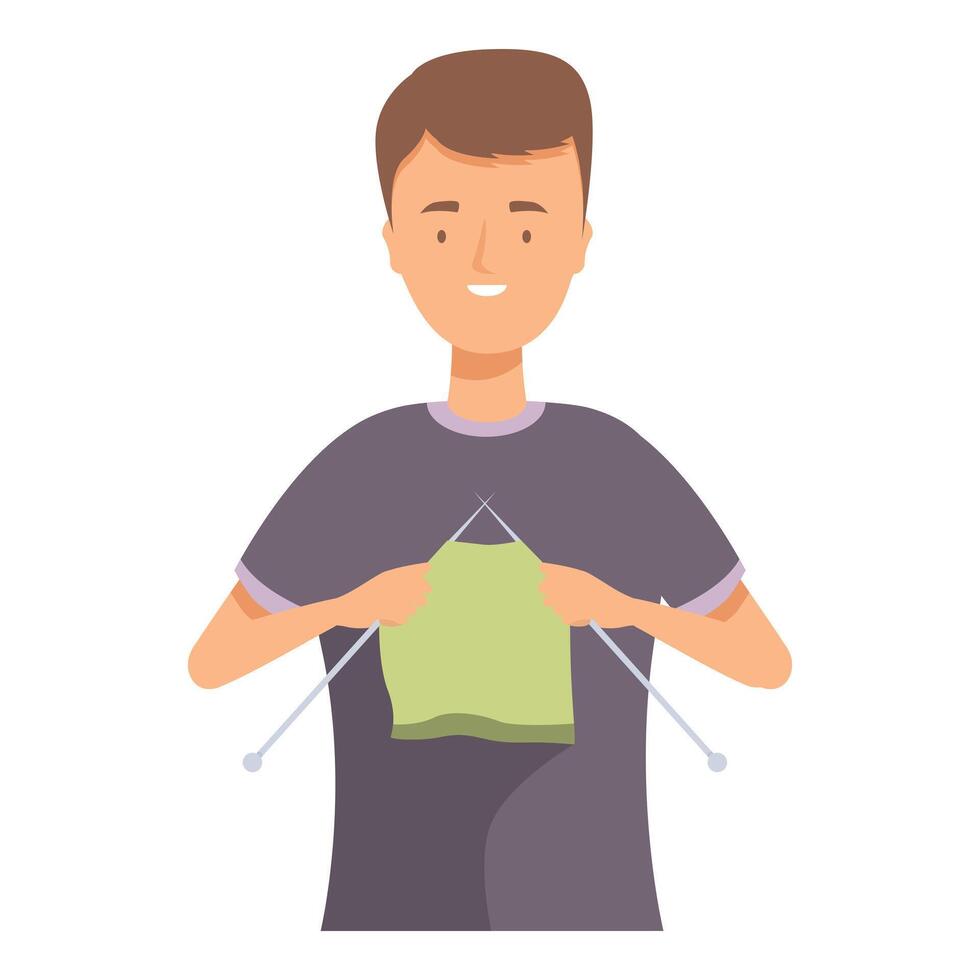 Young man knitting with green yarn and needles, enjoying craft and creativity vector