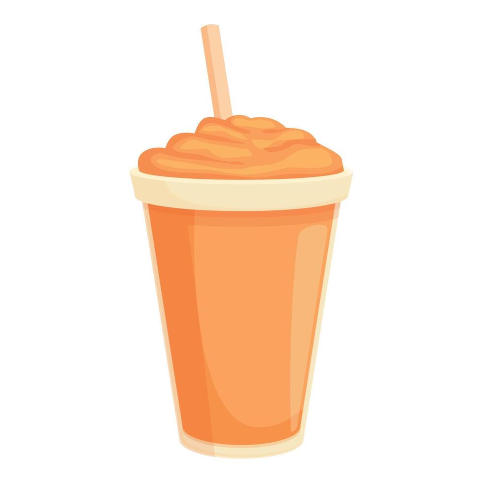 Plastic cup full of apricot smoothie with straw is standing on white background vector