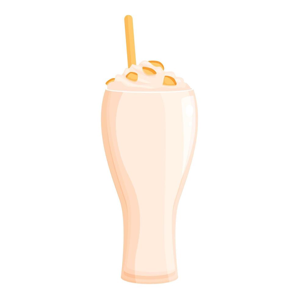 Tall glass of delicious milkshake topped with whipped cream and nuts is waiting on the table vector