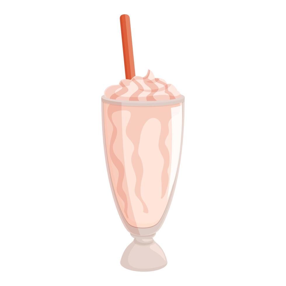 Tall glass of strawberry milkshake is topped with whipped cream and a red straw vector