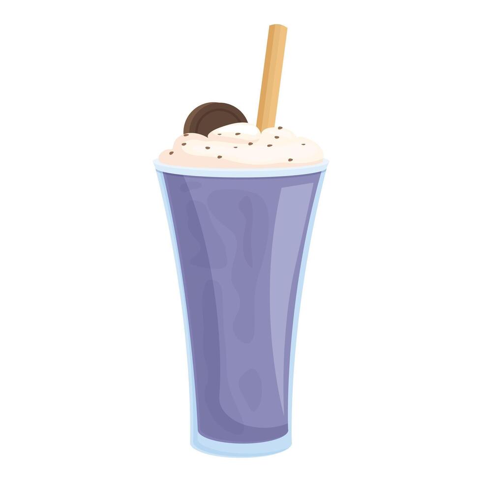 Refreshing blueberry milkshake with whipped cream, cookie and straw vector