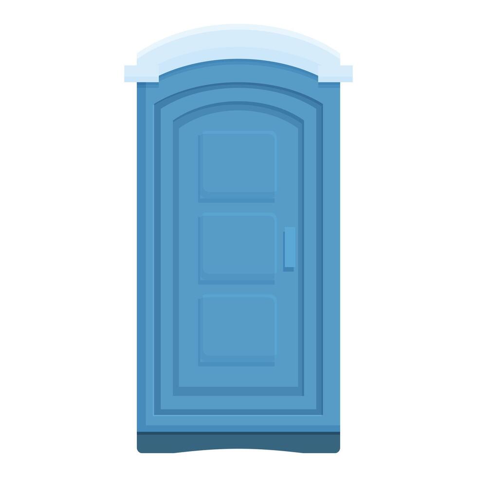 Blue portable toilet covered in snow is standing outside vector