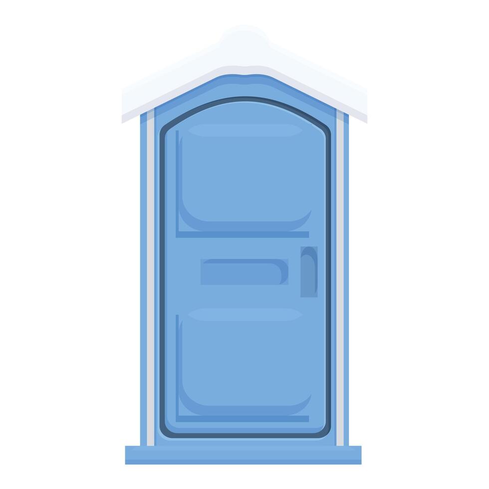 Blue mobile toilet covered with snow standing on concrete platform vector