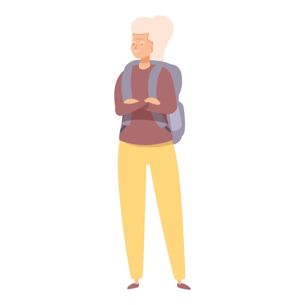 Confident senior woman standing with backpack ready for adventure vector
