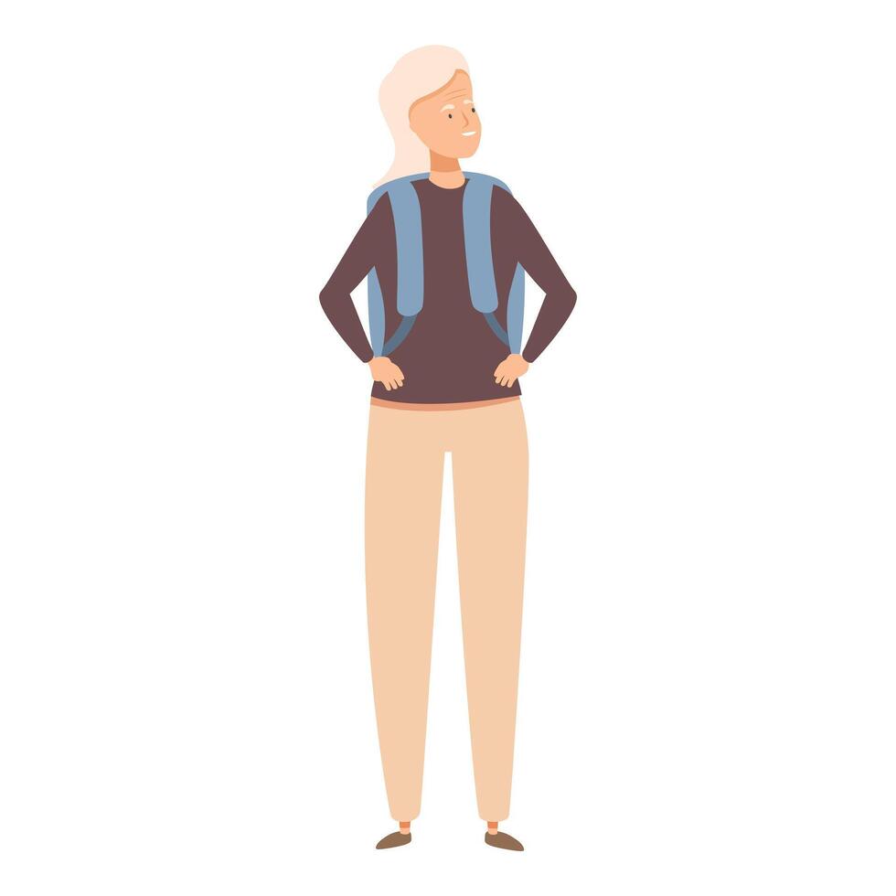 Senior woman traveler standing with backpack exploring new destinations vector