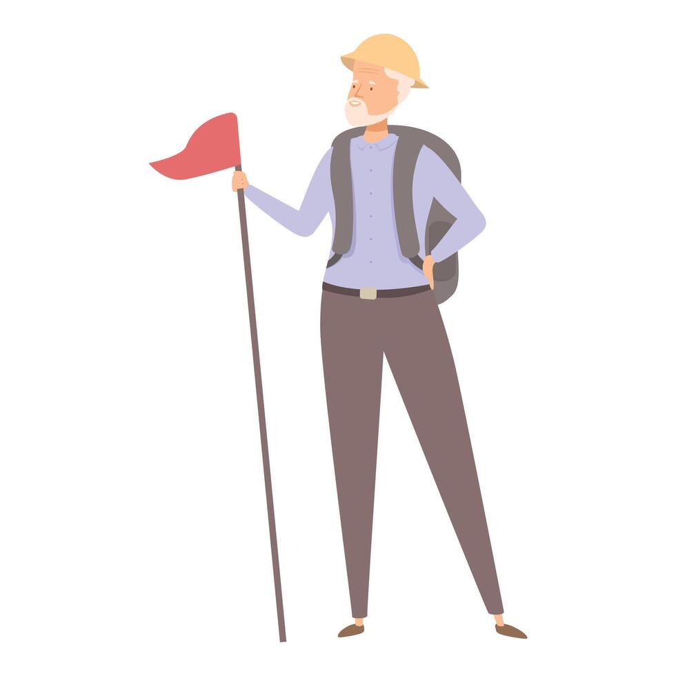 Senior tourist holding red flag is standing with backpack vector