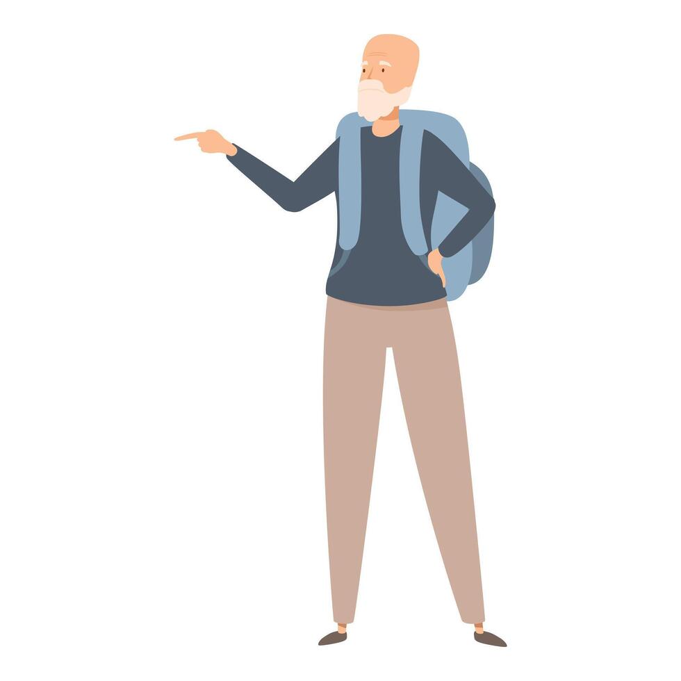 Senior tourist pointing with backpack, embracing travel and adventure in retirement vector