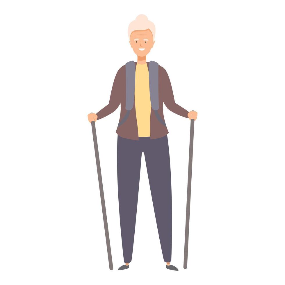 Smiling senior woman hiking with trekking poles standing upright vector