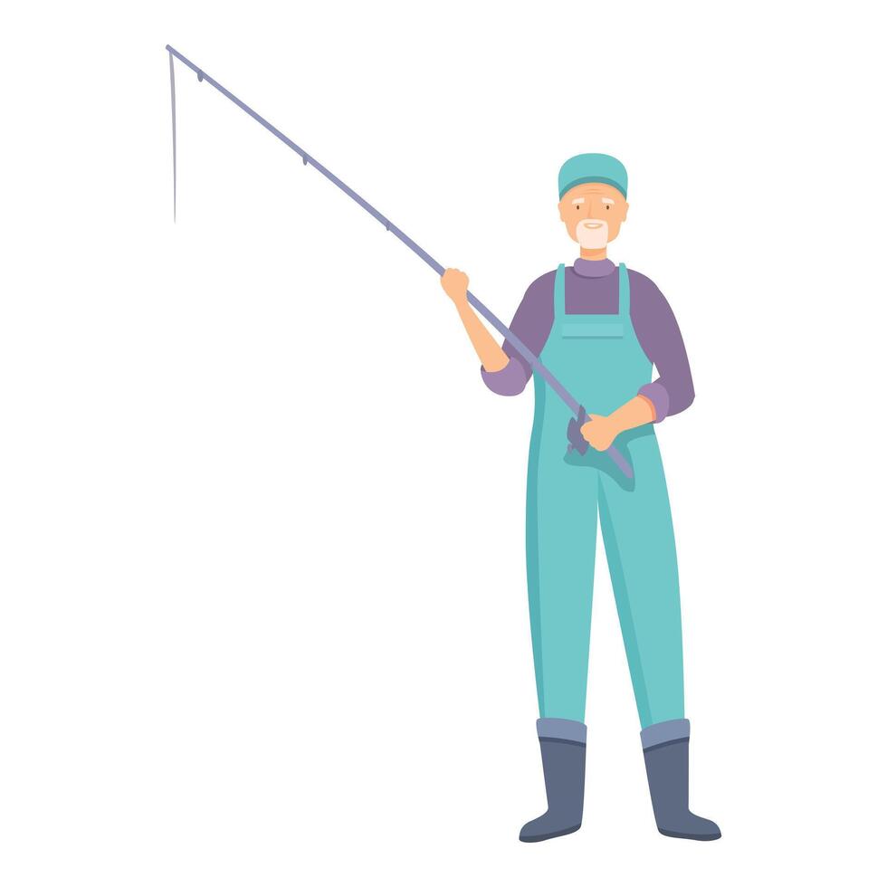 Senior fisherman holding fishing rod enjoying retirement hobby vector