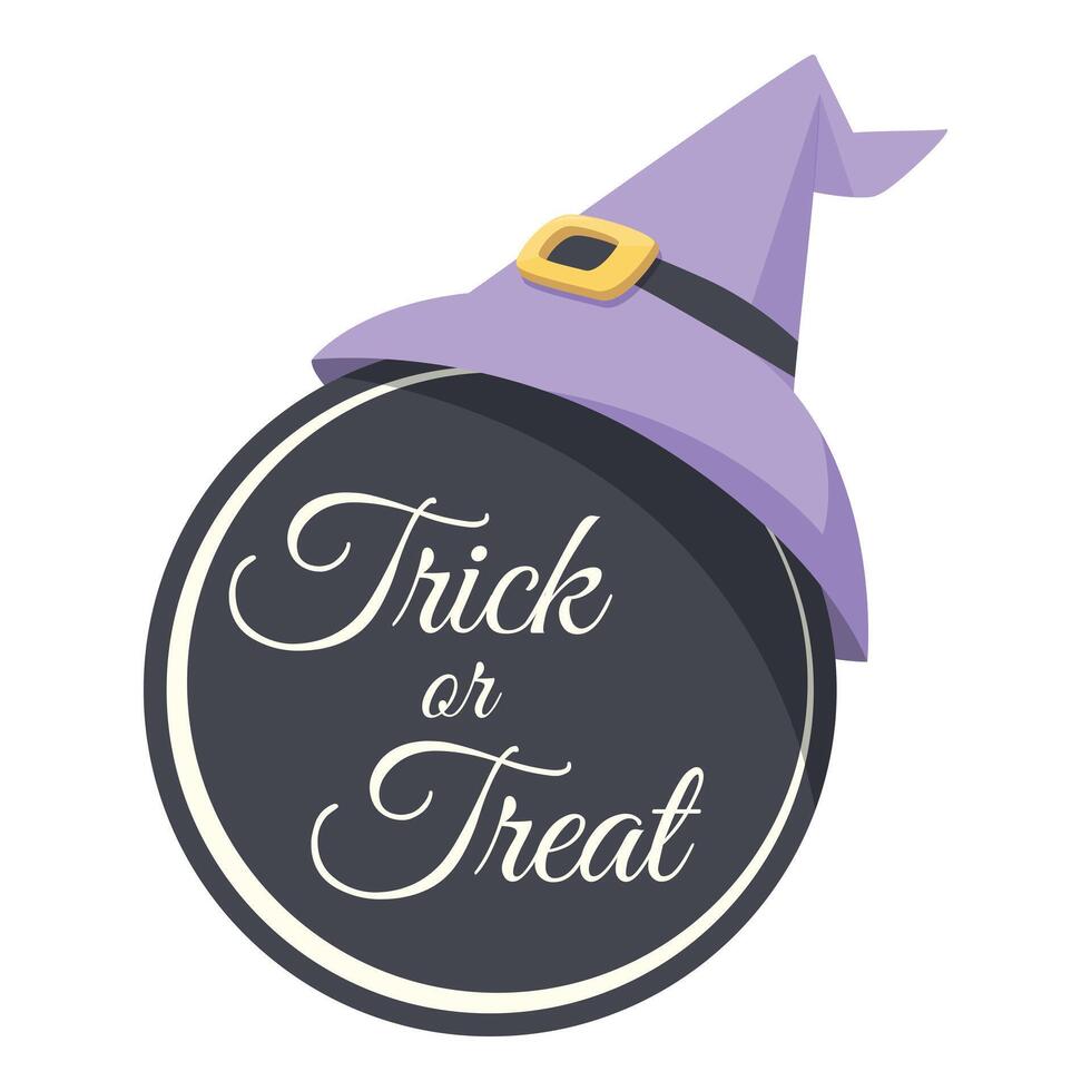 Trick or treat round sign with purple witch hat for halloween celebration vector