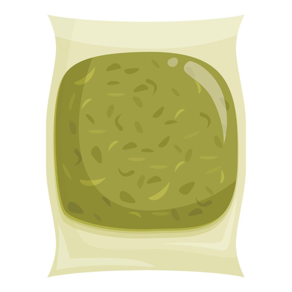 Vacuum packed food bag containing green pesto sauce vector