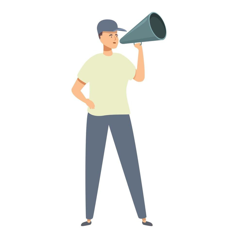 Young man is making an announcement holding a megaphone vector