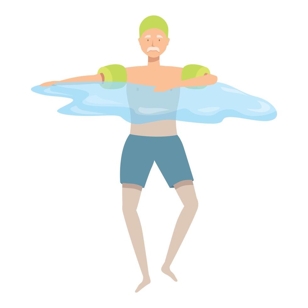 Senior man wearing armbands doing water aerobics exercising in swimming pool vector