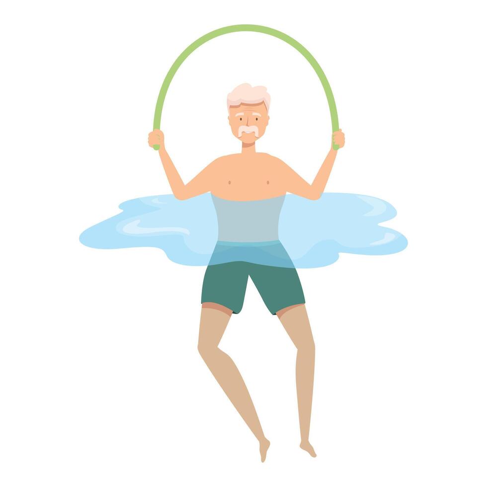 Senior man exercising with hula hoop in swimming pool vector