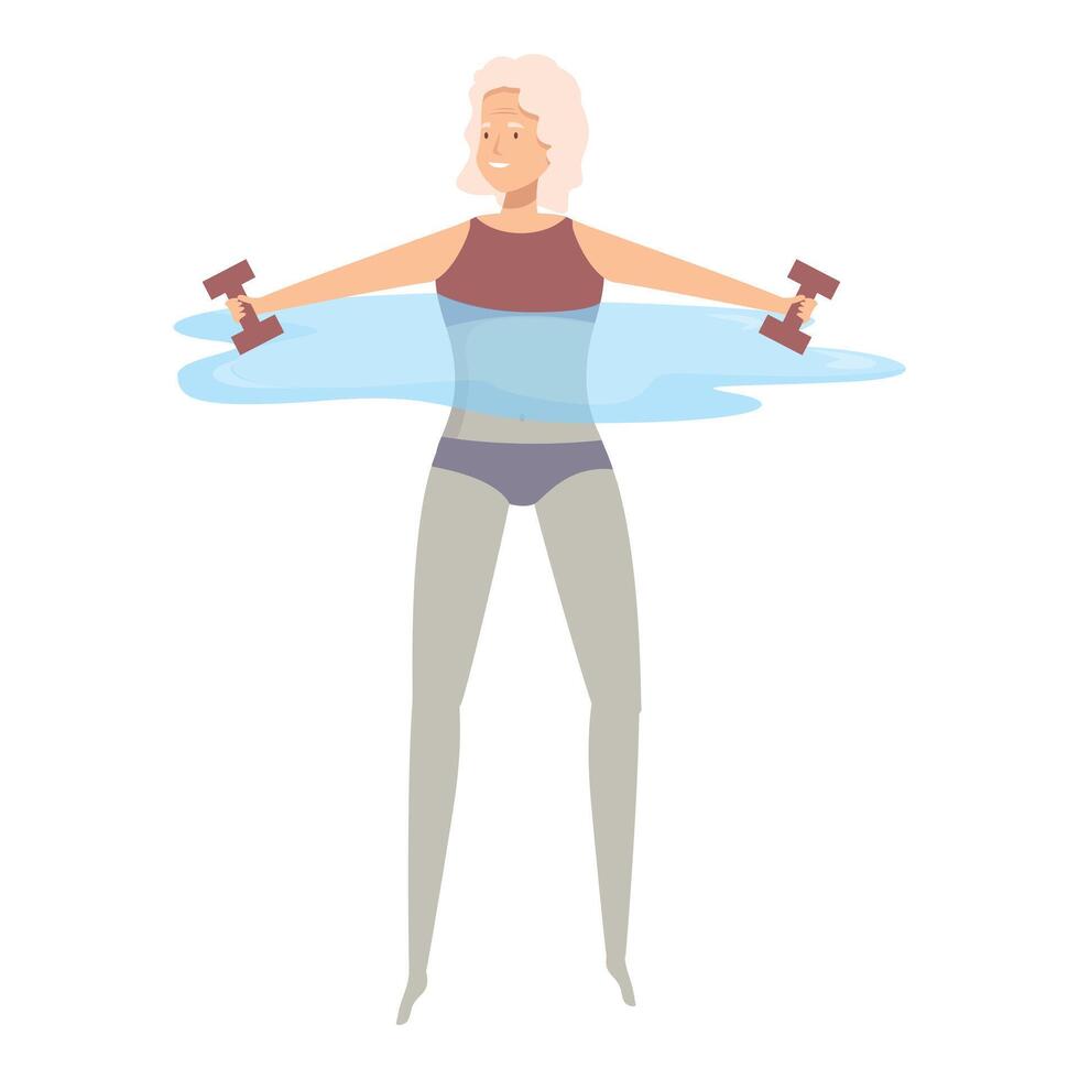Senior woman lifting weights while participating in aqua aerobics class vector
