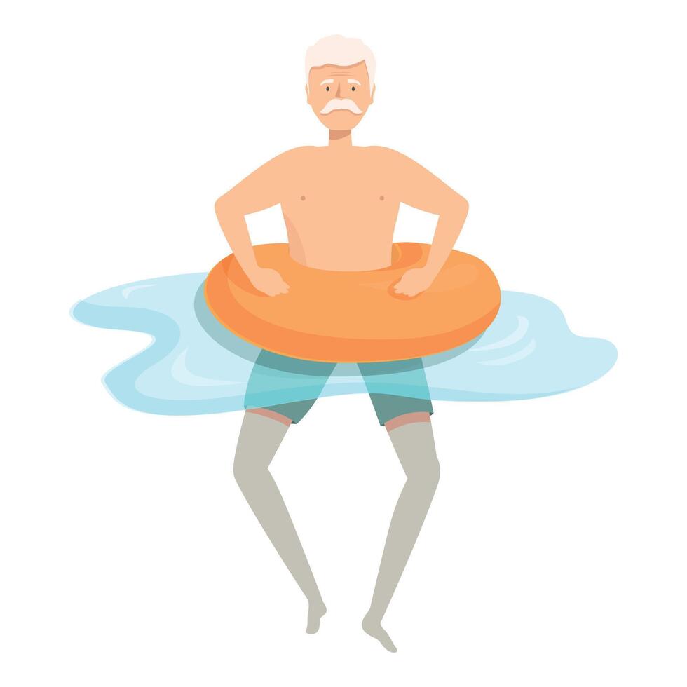 Elderly man using inflatable ring in swimming pool vector