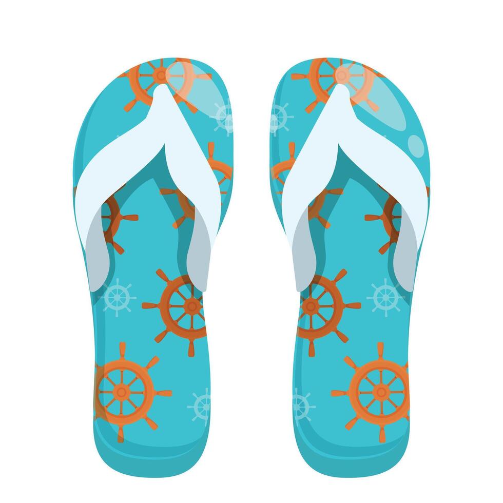Pair of blue flip flops with ship steering wheels showing summer and vacations concept vector