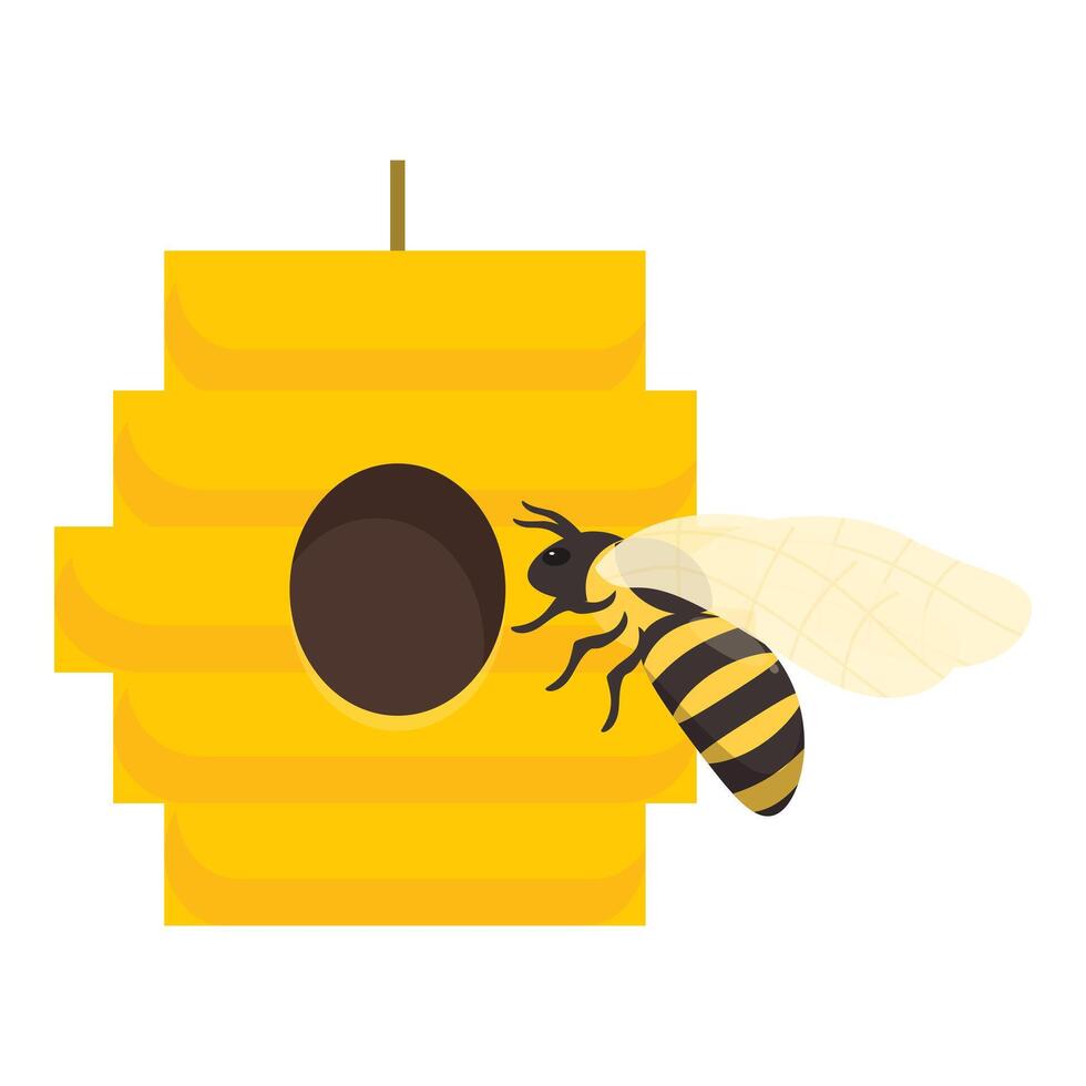 Bee flying and entering wooden beehive for honey production vector