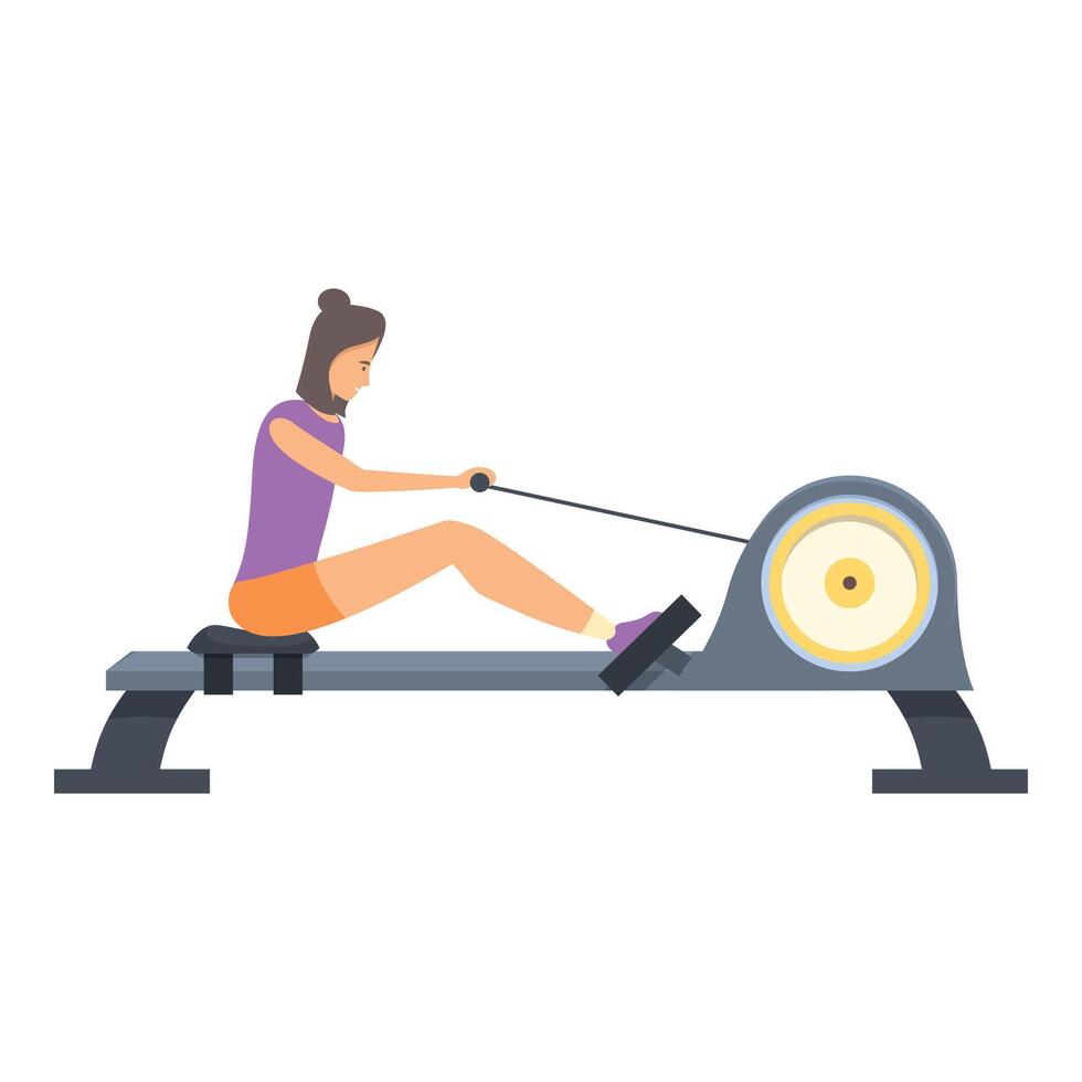 Woman training on rowing machine using simulator for cardio workout vector