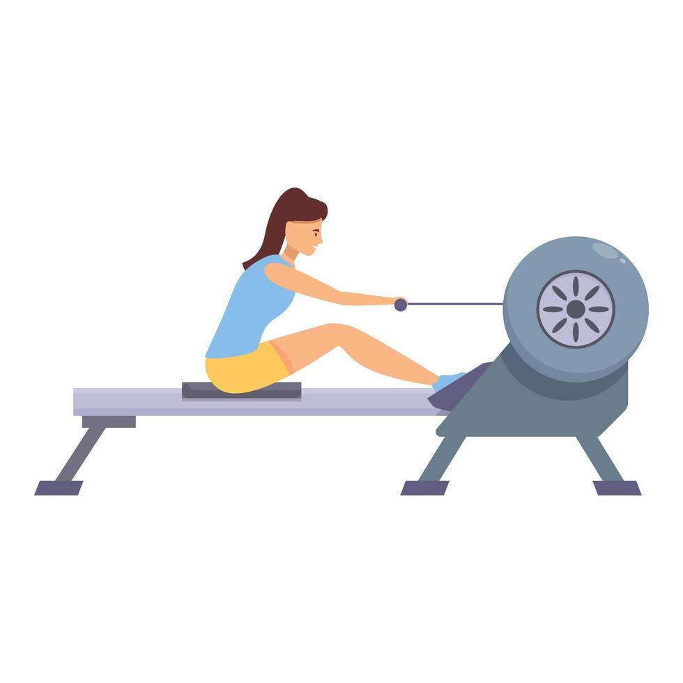 Young woman working out using rowing machine in gym vector