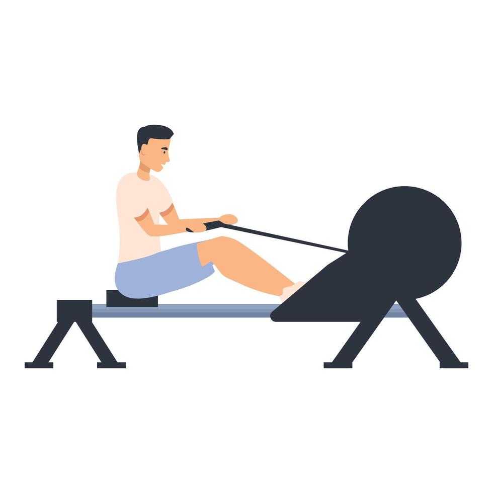Young man using rowing machine doing fitness exercise vector