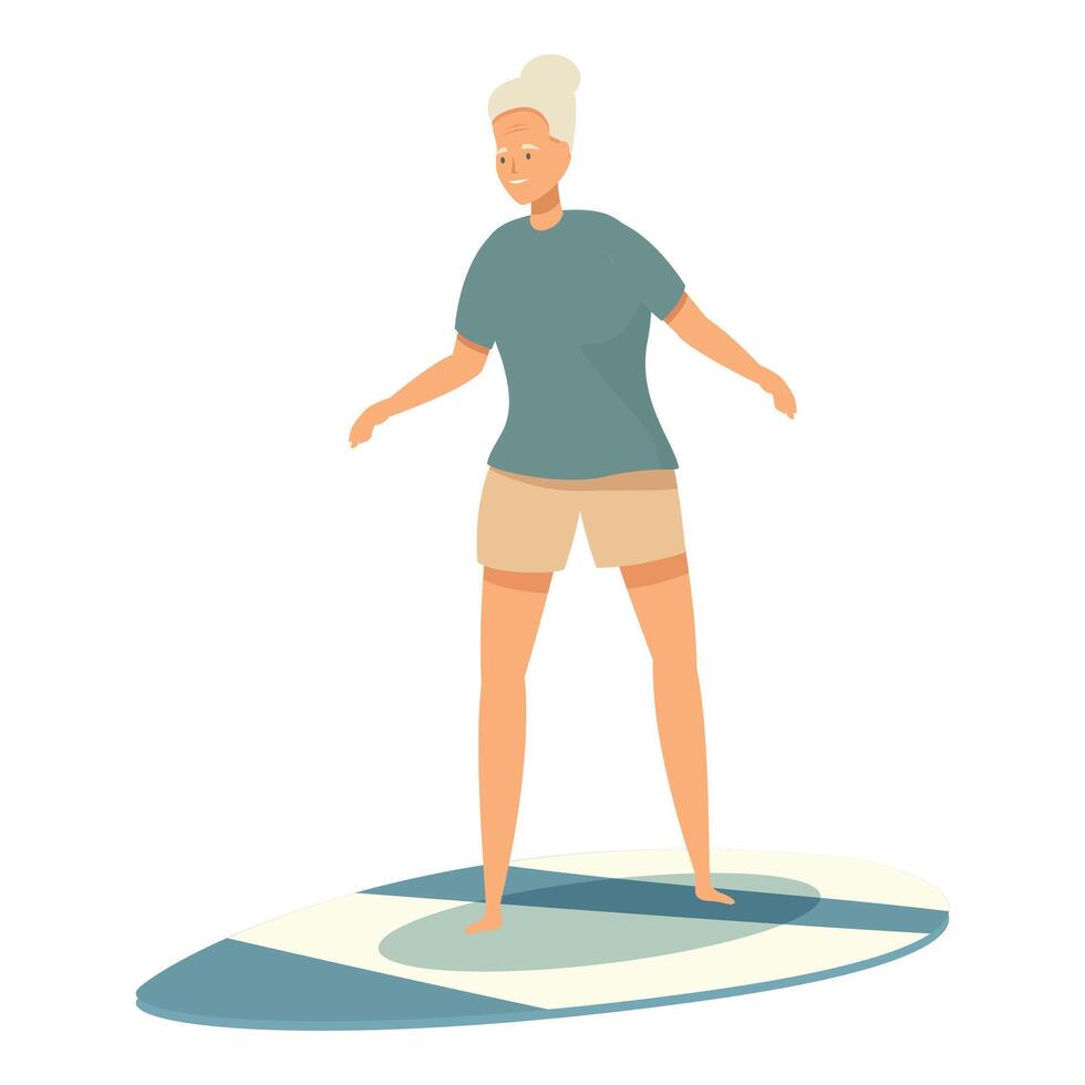 Happy senior woman enjoying surfing on surfboard, active lifestyle for elderly people vector