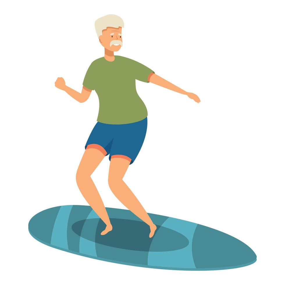 Elderly man enjoying surfing balancing on surfboard vector