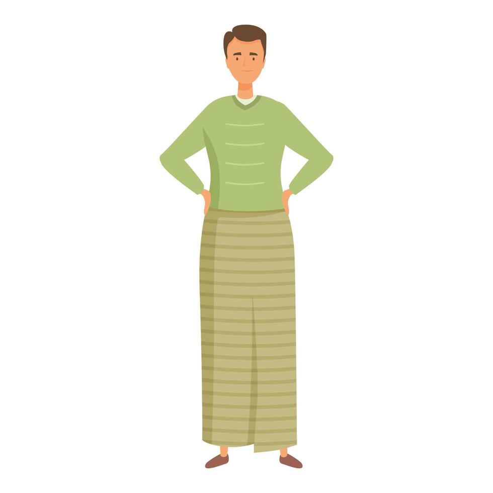 Confident man standing with hands on hips wearing green sweater and long skirt vector