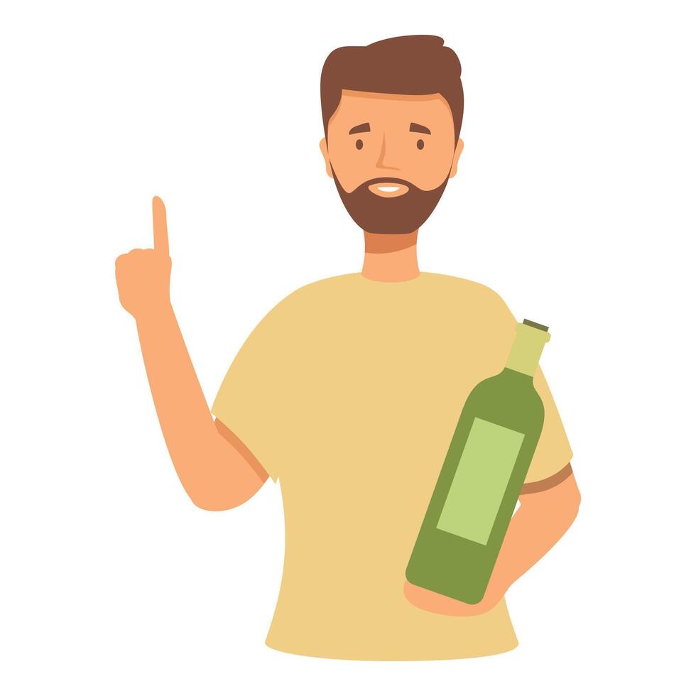 Bearded man holding wine bottle pointing finger up vector