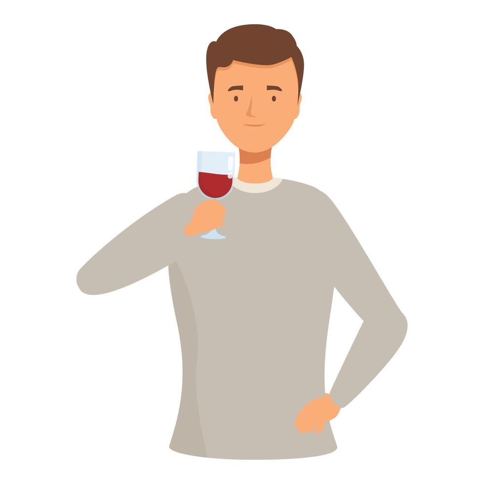 Young man holding glass of red wine enjoying wine tasting event vector