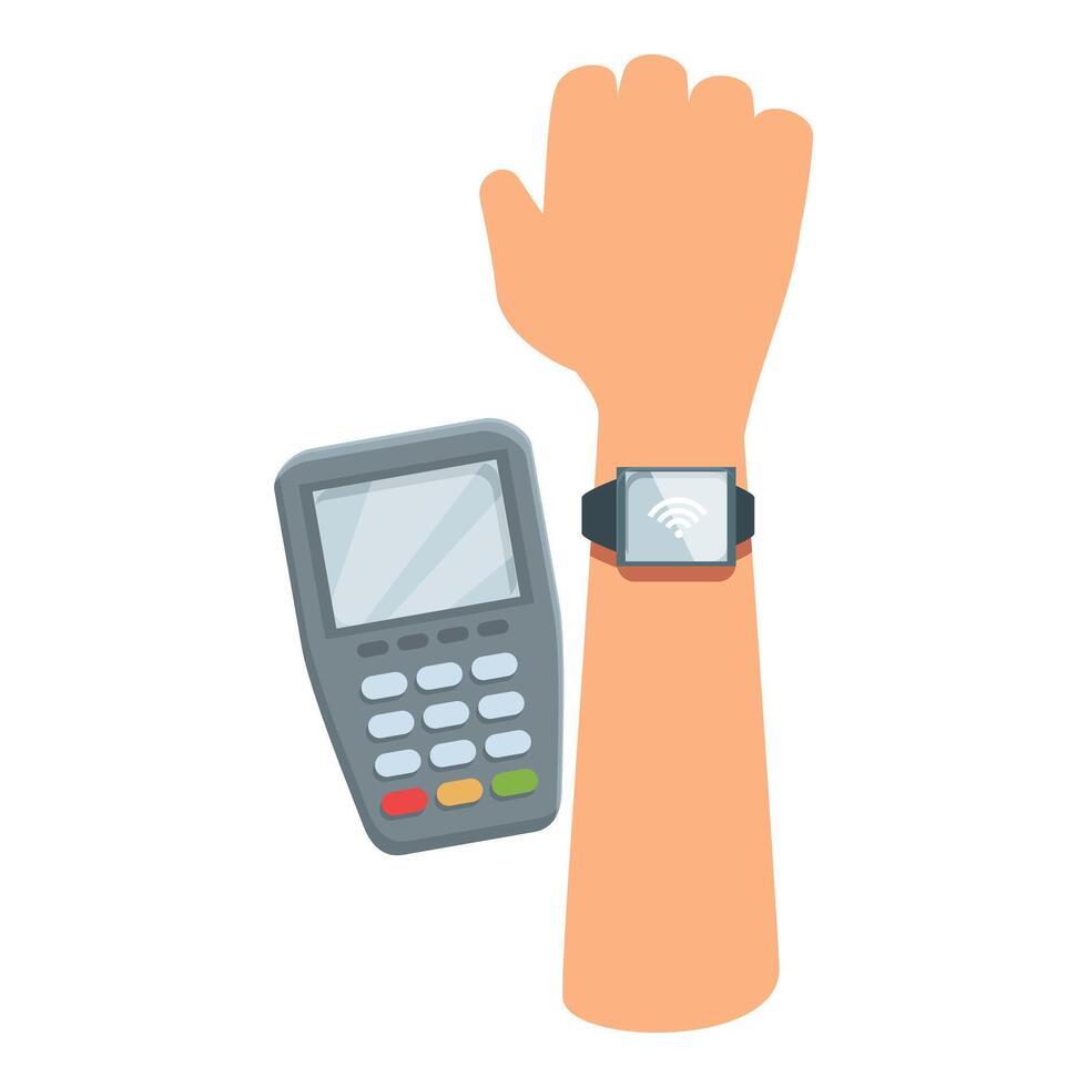 Customer paying using smartwatch contactless nfc payment terminal vector