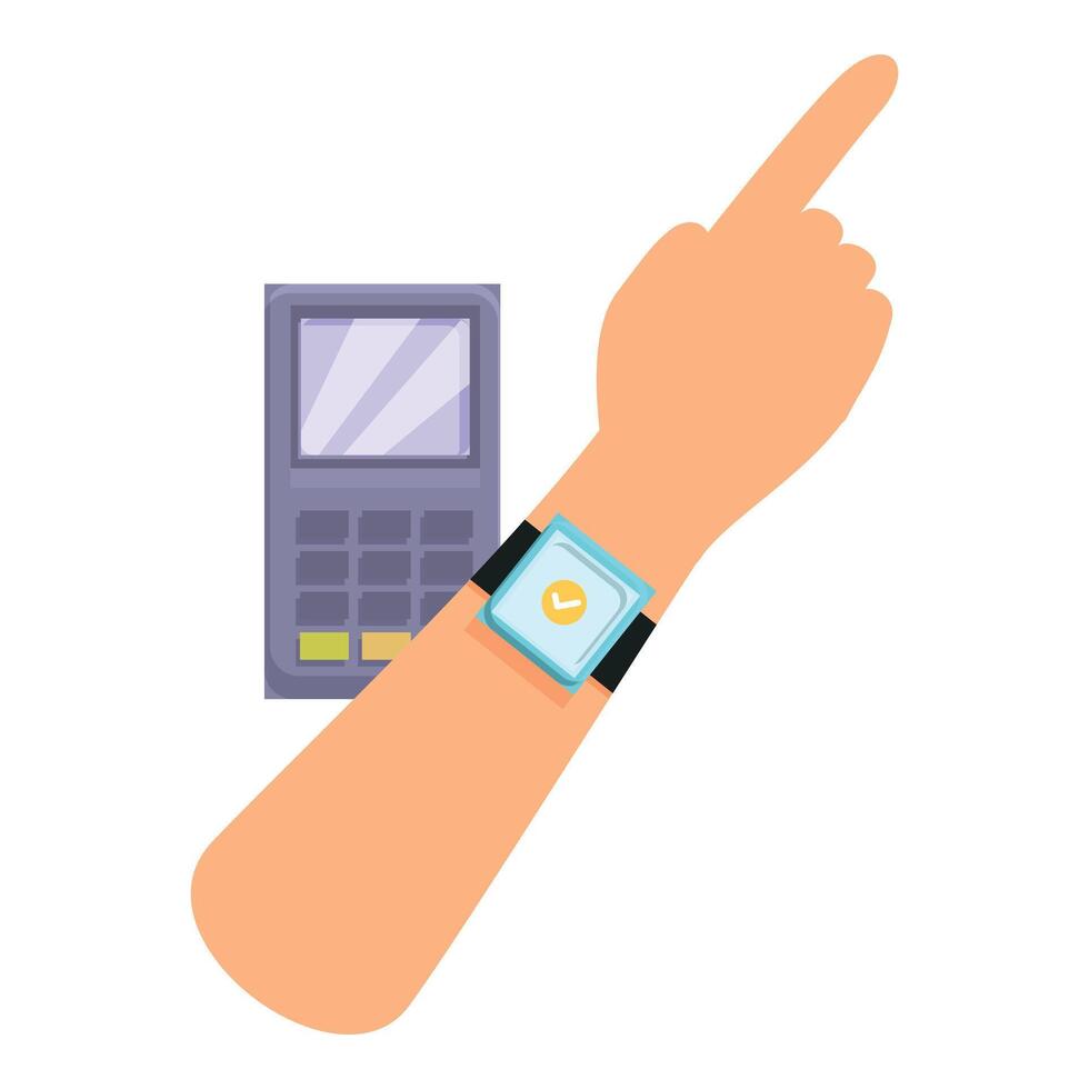 Customer paying contactless using smartwatch nfc technology with pos terminal vector
