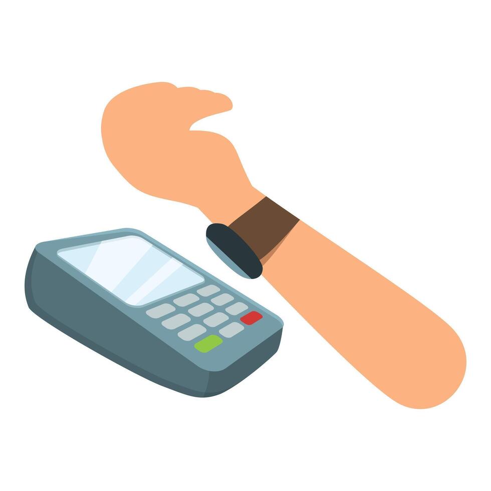 Customer using smartwatch for nfc payment on pos terminal vector