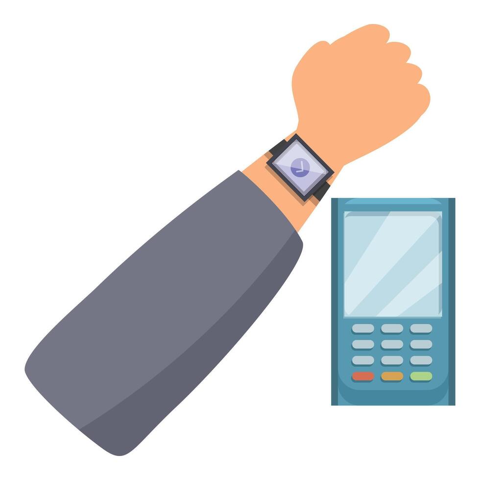 Customer paying using smartwatch for nfc payment on pos terminal vector
