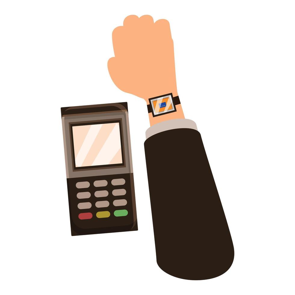 Businessman paying contactless using smartwatch at pos terminal vector