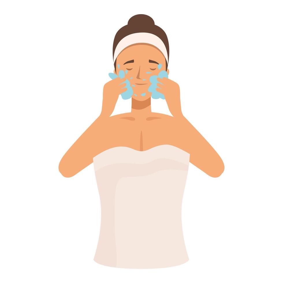 Young woman washing her face with foam vector
