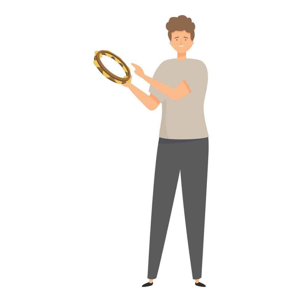 Young man playing tambourine, musical performance and entertainment vector