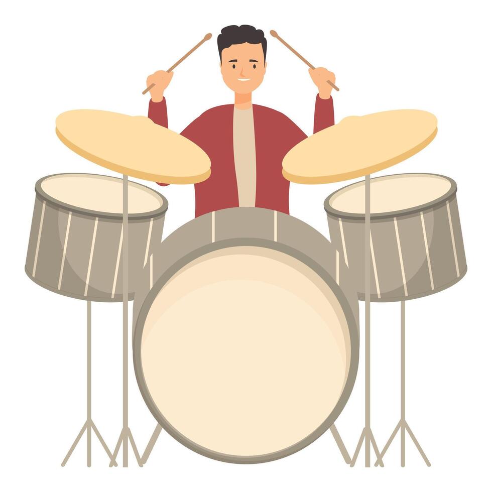 Male musician is playing a drum set with two drumsticks vector
