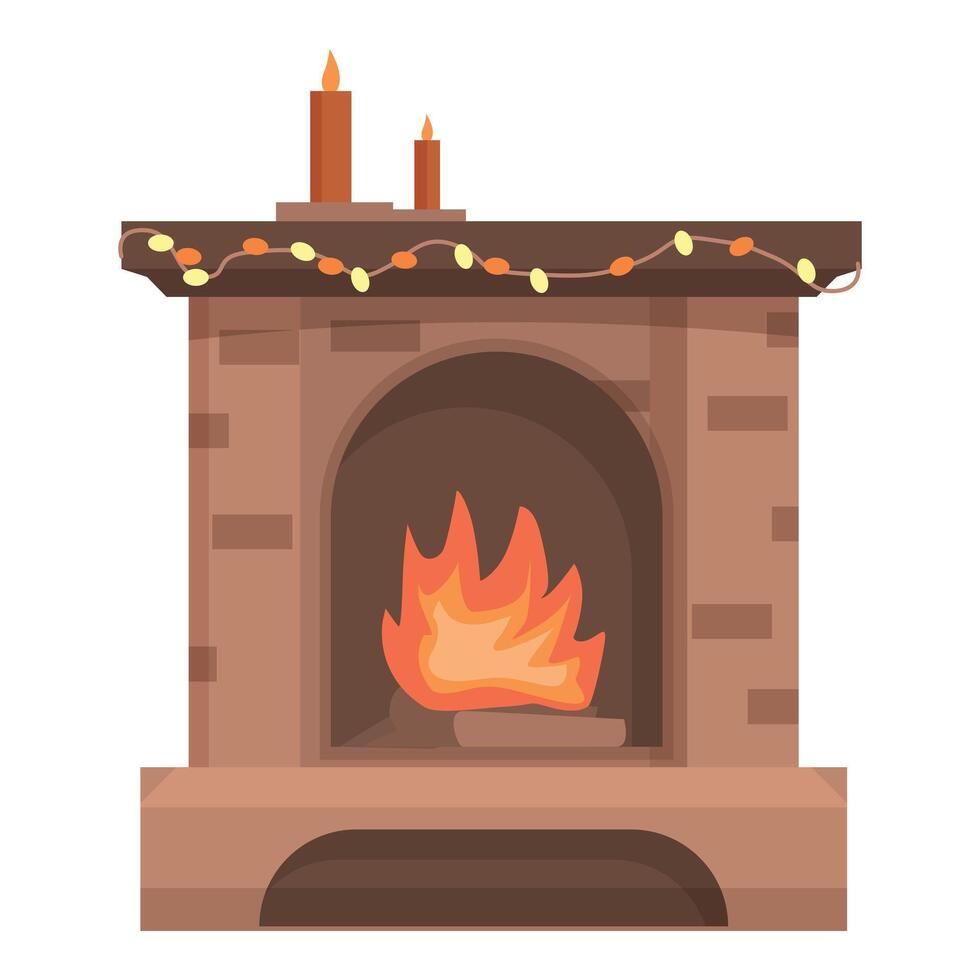 Brick fireplace burning with warm fire during christmas time vector
