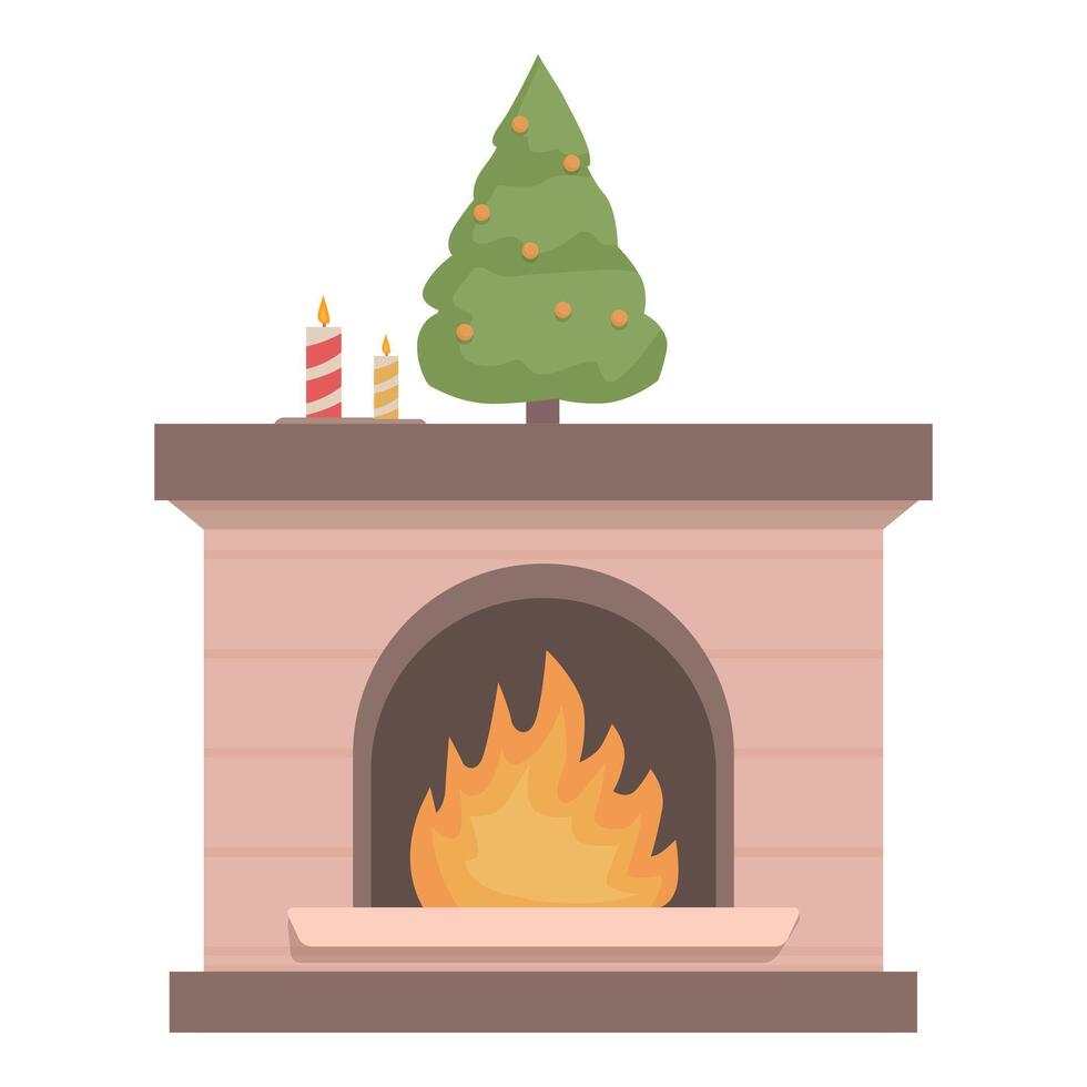 Christmas tree standing on warm fireplace mantelpiece vector