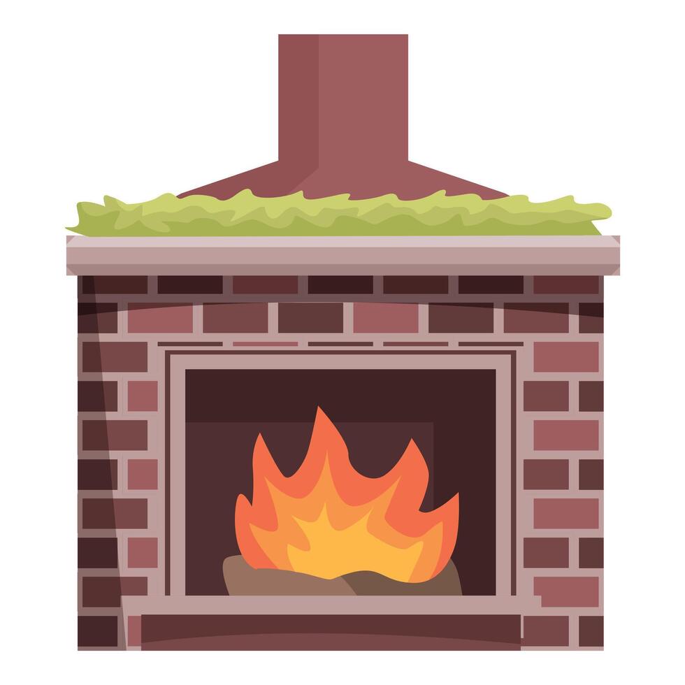 Brick fireplace burning with fire inside and grass on top vector