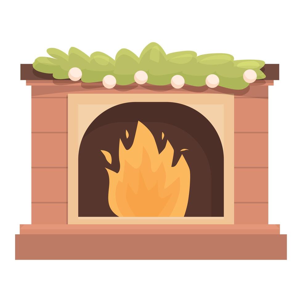 Brick fireplace burning with christmas garland decorating the mantelpiece vector