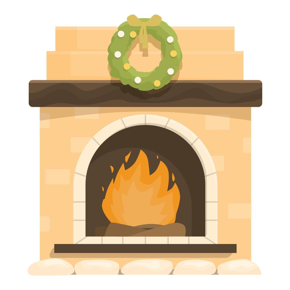 Fireplace burning with christmas wreath hanging, festive home decor for holidays vector