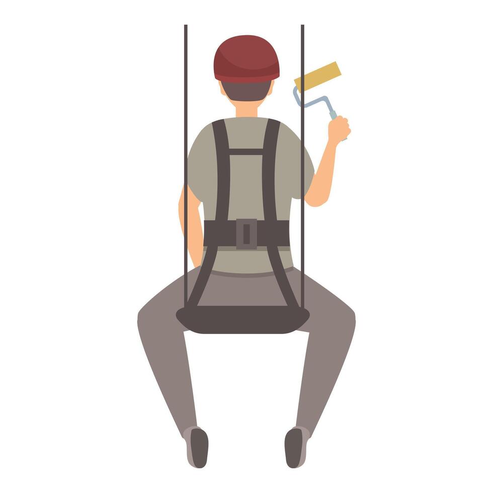 Industrial climber painter working at height with safety harness and paint roller vector