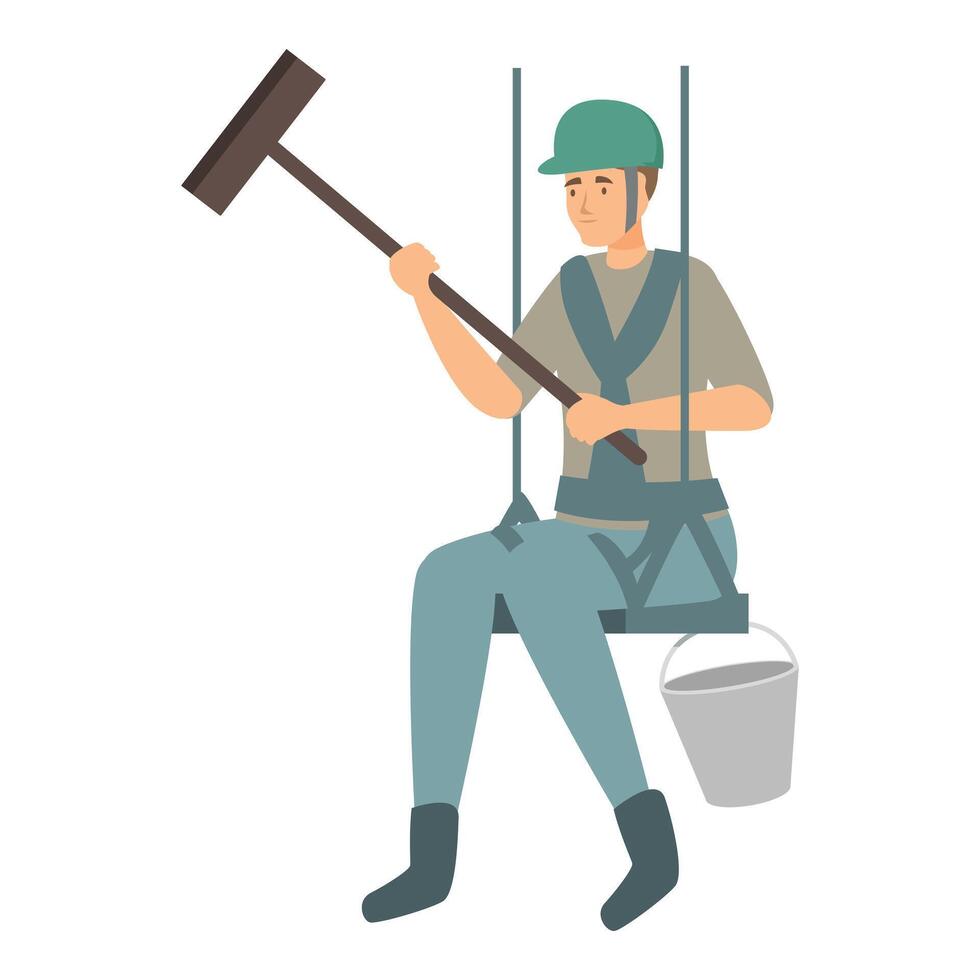 Window cleaner using squeegee while hanging from safety harness vector